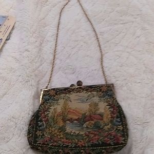 Gimbel Brothers Antique chain hand purse with tapestry fabric design good condit